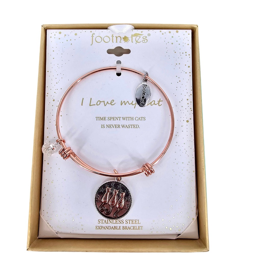 Footnotes Rose Gold Stainless Steel Expandable Bangle I Love My Cat Bracelet Box